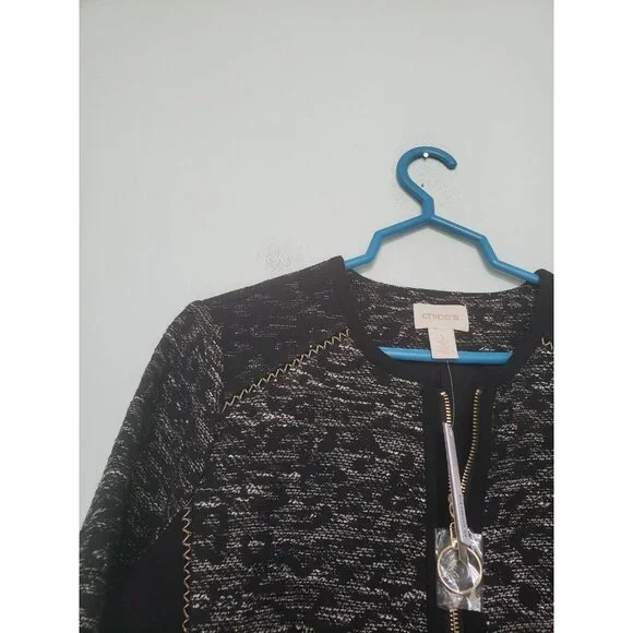 Chico's 1 Womens 8 S Jacket Full Zipper Gray Heather Pieced Jacquard Black NWT - Picture 4 of 7